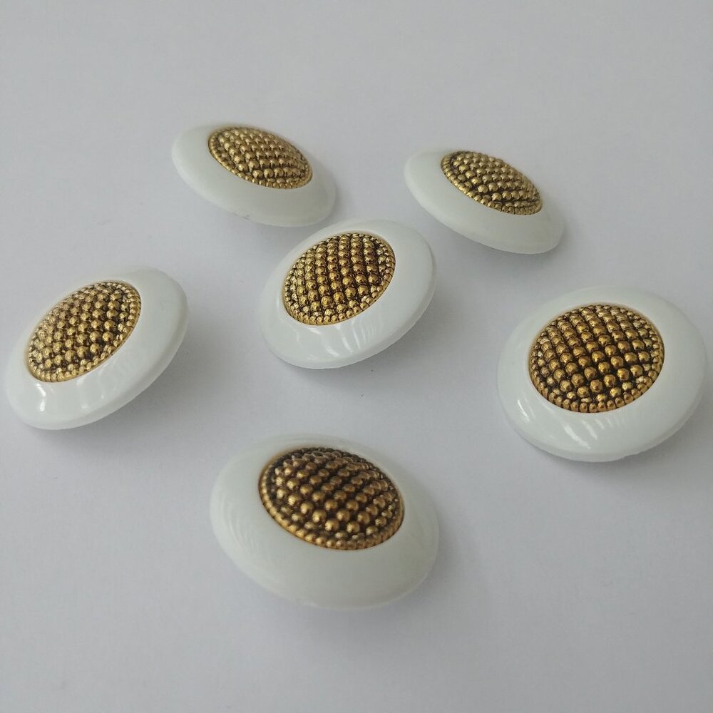 4/$20 Vintage large white buttons with gold detail set of 6 six